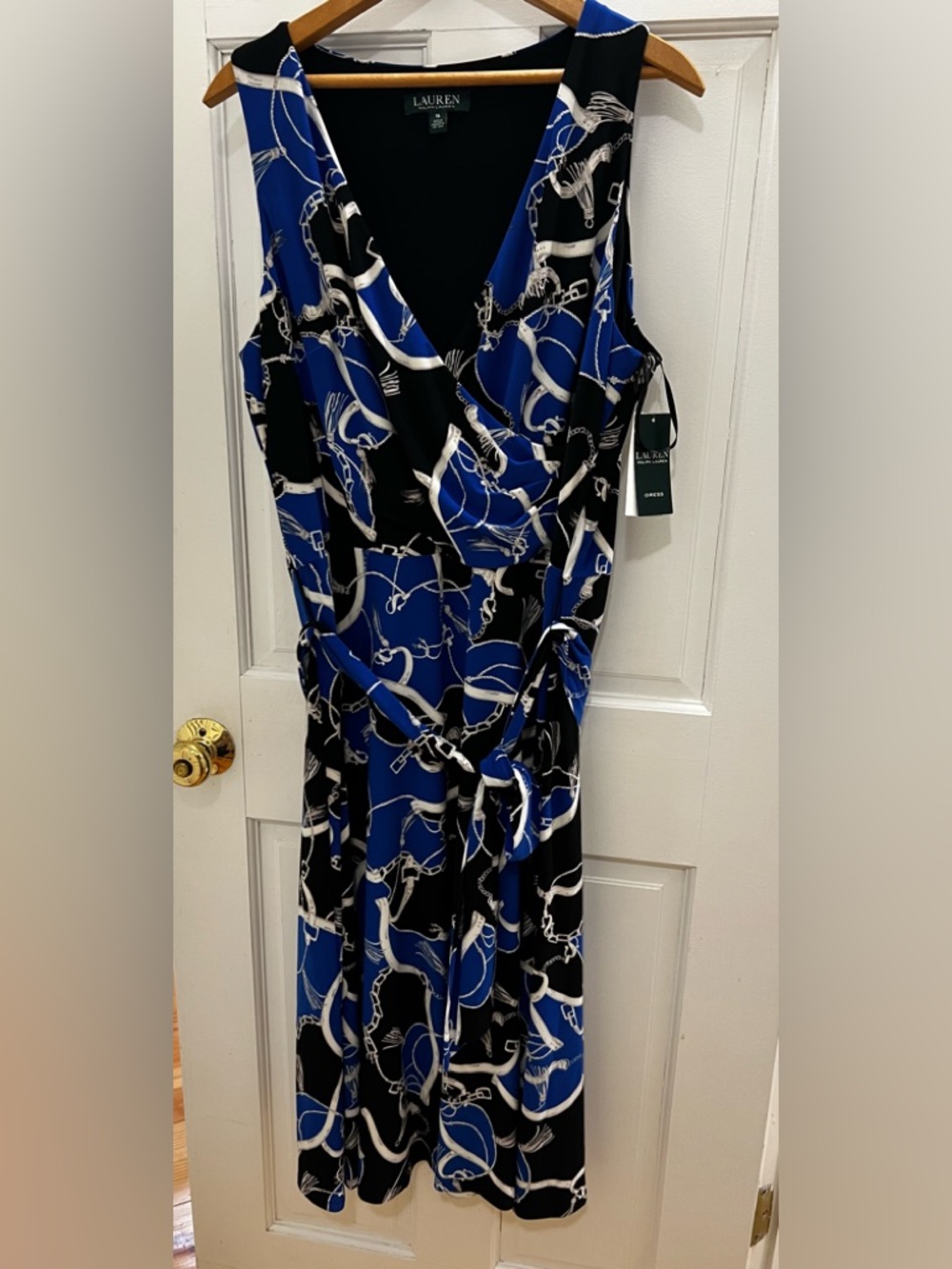 Lauren Ralph Lauren Bold Equestrian Print Tie-Waist Midi Dress. SZ 18
